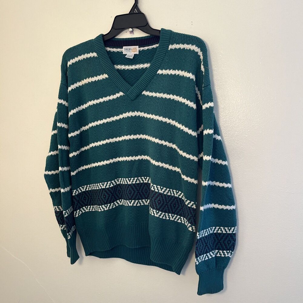 IZOD Vintage 80s Aztec Cotton Striped Grandpa Knit V Neck Sweater, Teal- Med. - Picture 2 of 9